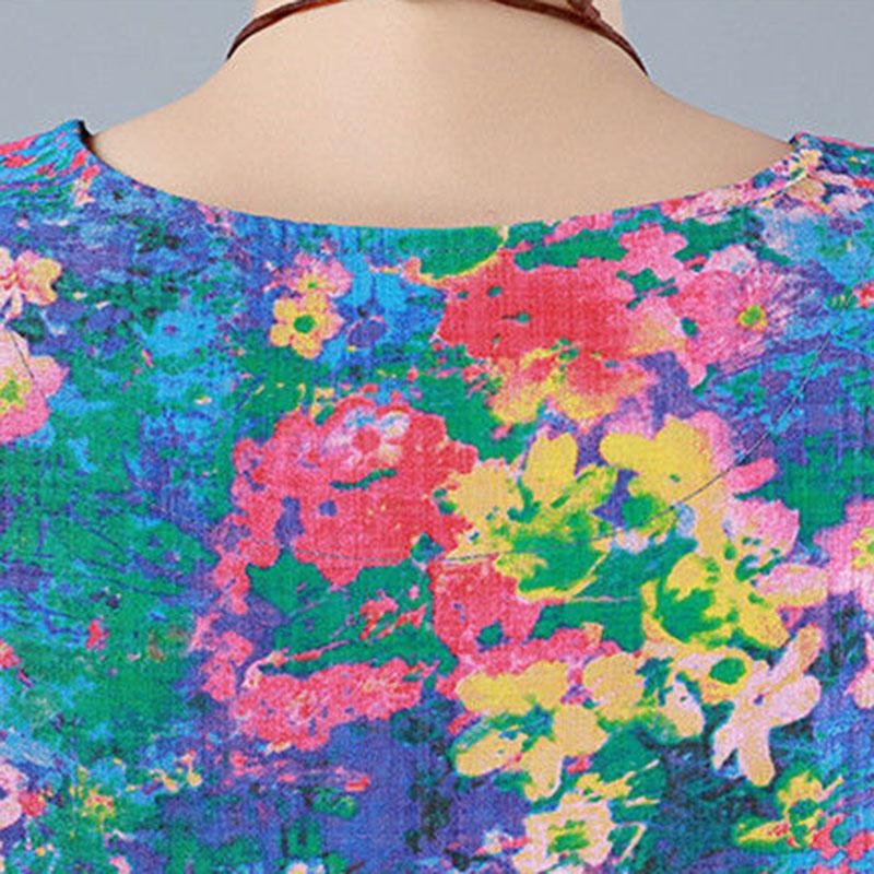 Women's Summer Short Sleeve Mid-Length Dress Floral Round Neck Large Size Loose A-Line Dress