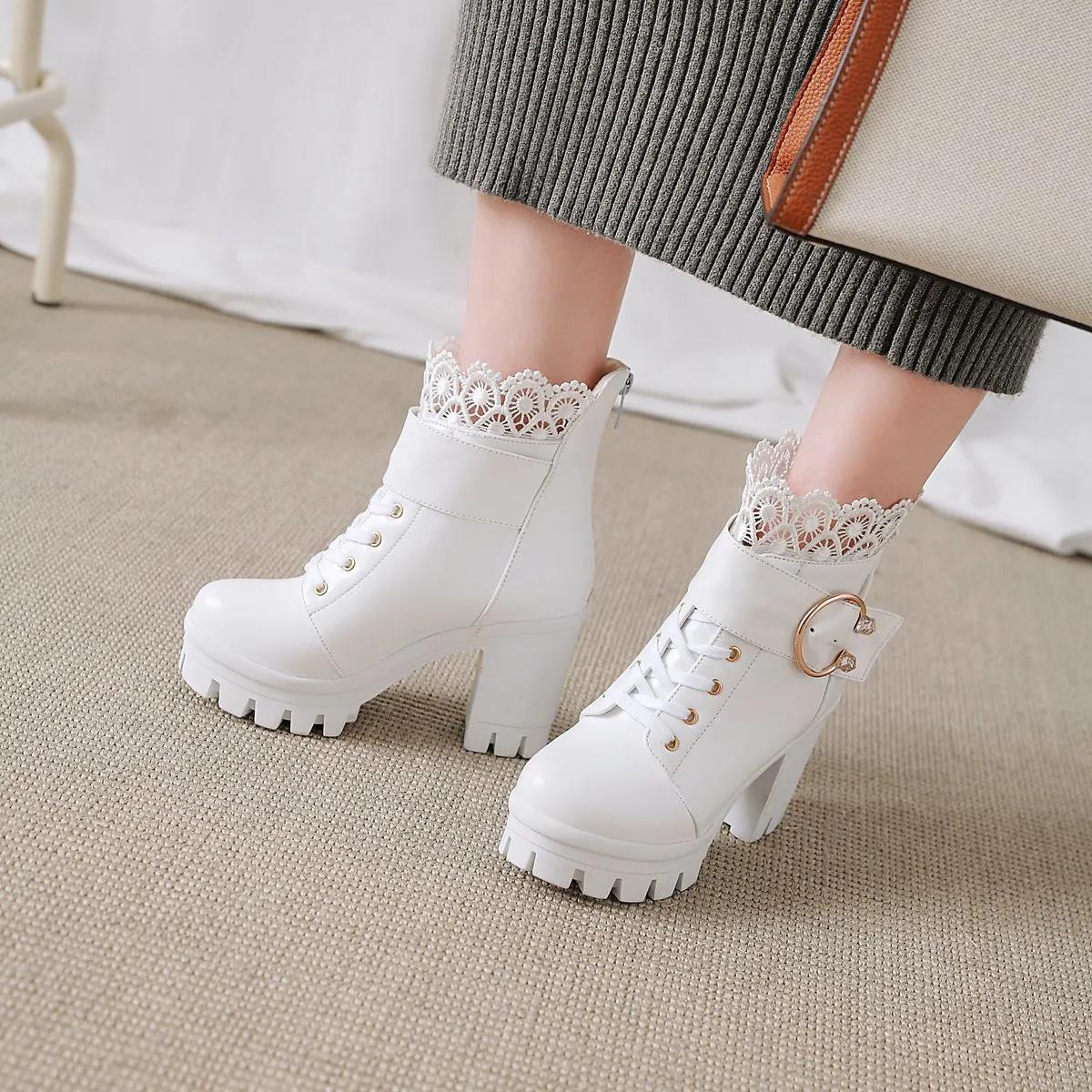 Women's Autumn and Winter Back Zipper High-heeled Martin Boots Large Size Solid Color Lace Thick Heel Waterproof Ankle Boots