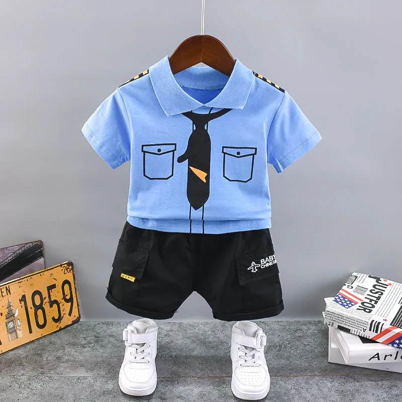 Children Clothing Summer Boy Suit Baby Short-sleeved Lapel Shorts Children's Captain Clothing Printing Epaulette Decoration Children's Two-piece Suit
