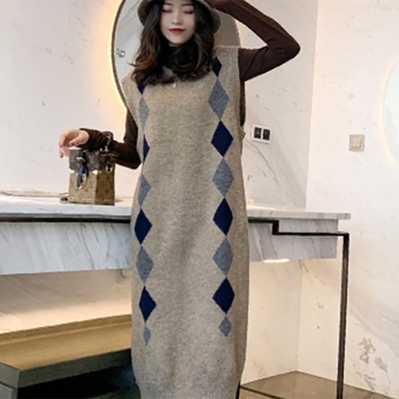 Spring Autumn Cocoon Type Over The Knee Mid-length Sleeveless Knitted Dress Female Retro Wild Thin Waistcoat Tide