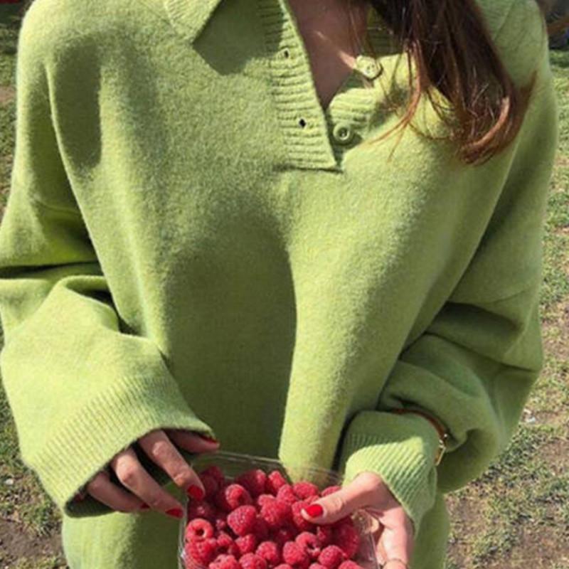 Pofulove mid-length Korean version of the lazy wind sweater loose solid color stand collar sweater jacket female students