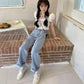 Broken Hole Jeans Female Spring and Autumn High Waist Loose Wide Leg Straight Pants Love