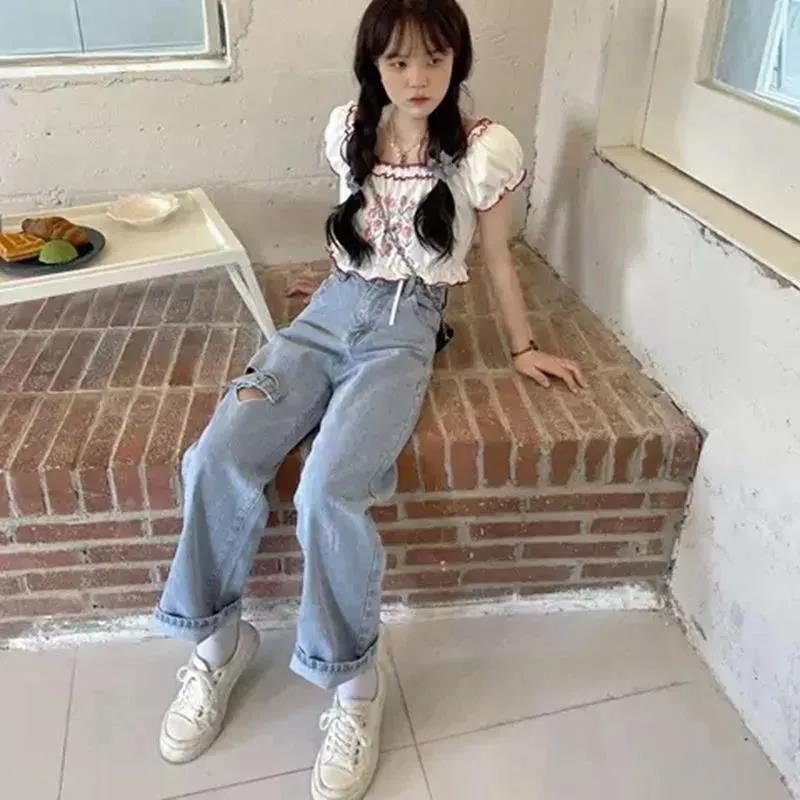 Broken Hole Jeans Female Spring and Autumn High Waist Loose Wide Leg Straight Pants Love