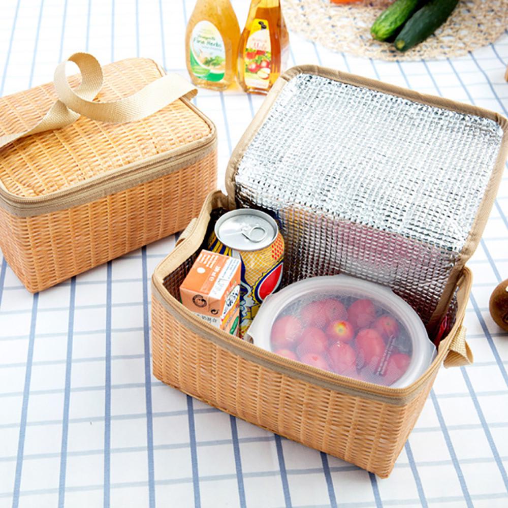 1/2pcs Imitation Rattan Thermal Insulated Lunch Box Tote Cooler Zipper Bag Bento Lunch Pouch