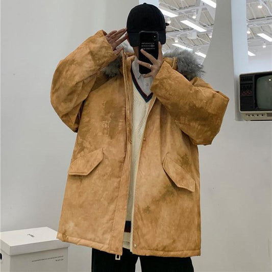 Tie-dyed Cotton Jacket Men's Winter Thick Down Cotton Jacket Korean Style Trend Loose Hooded Big Fur Collar Youth Cotton Jacket