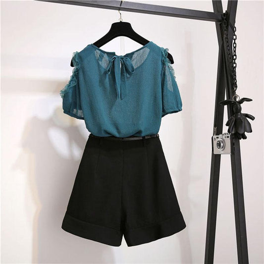 Fashion Oversized Shorts 2 Piece Set Off-shoulder Blouse Shorts Two-piece Summer Chiffon Shorts Set