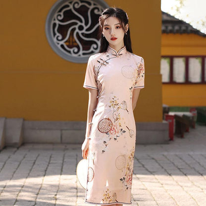 Elegant Dress Retro Chinese Style Cheongsam Summer Short-sleeved Chinese Style Retro Improved Long Daily Dress Slim Sexy