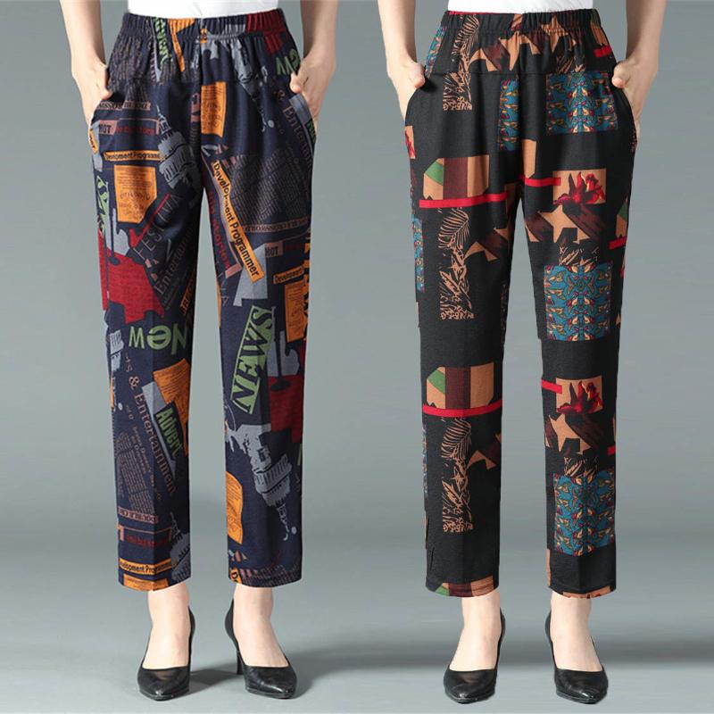 Women's Trousers Casual Pants Straight-leg Pants Plus Size Pants Women's Trousers Middle-aged Flower Pants
