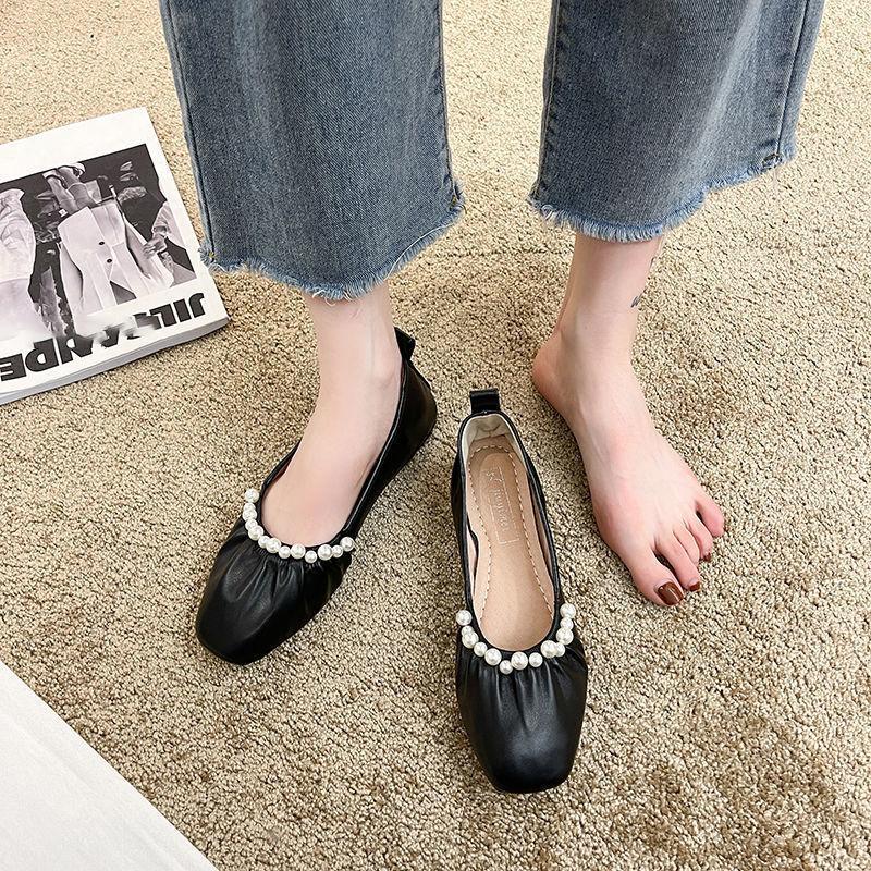 Flat Square Toe Small Single Shoes Women Casual Pearl Scoop Single Shoes Retro French Leather Shoes Soft Leather Comfortable