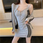 Sexy Skinny Dress Set Women's Striped Long Sleeve Jacket + Sling Zipper Slim Dress Casual Sports Skirt Set Female Summer Clothing Sets Dress Set