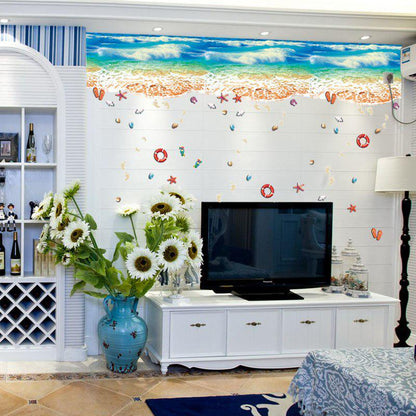 [Wall sticker ]Blue Beach Waterproof Wall Stickers Home Decoration Living Room Bedroom Kitchen Bathr