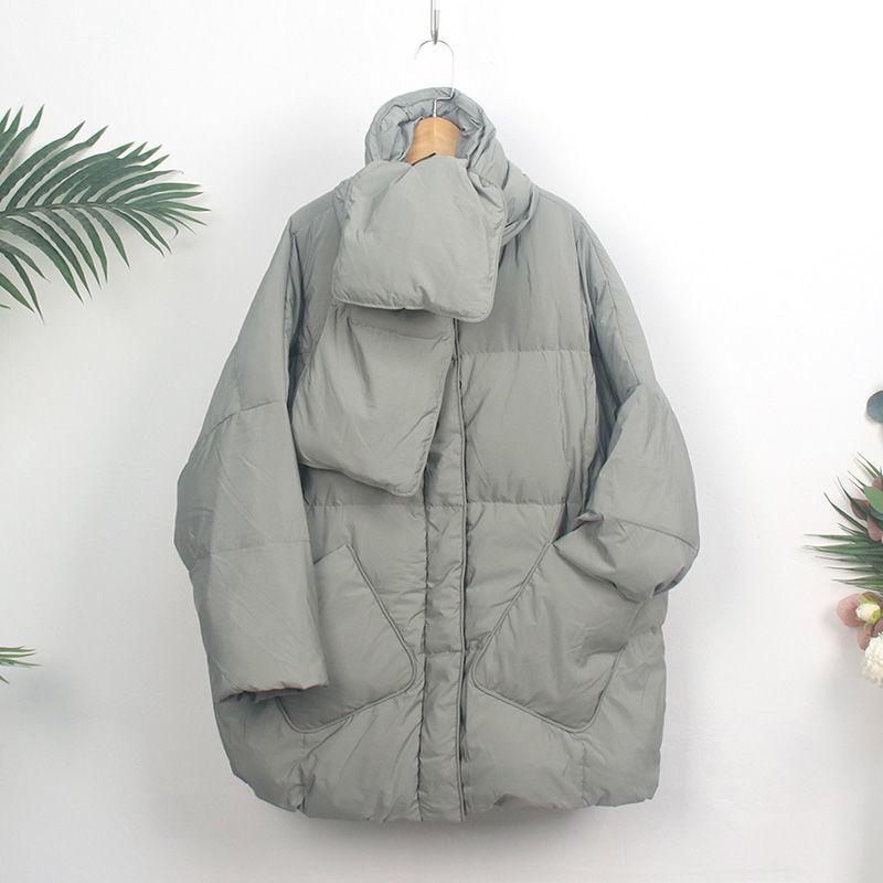 Scarf Down Jacket Women's Mid-length Korean Style Loose Thick Literary Simple Fashion Large Size Jacket