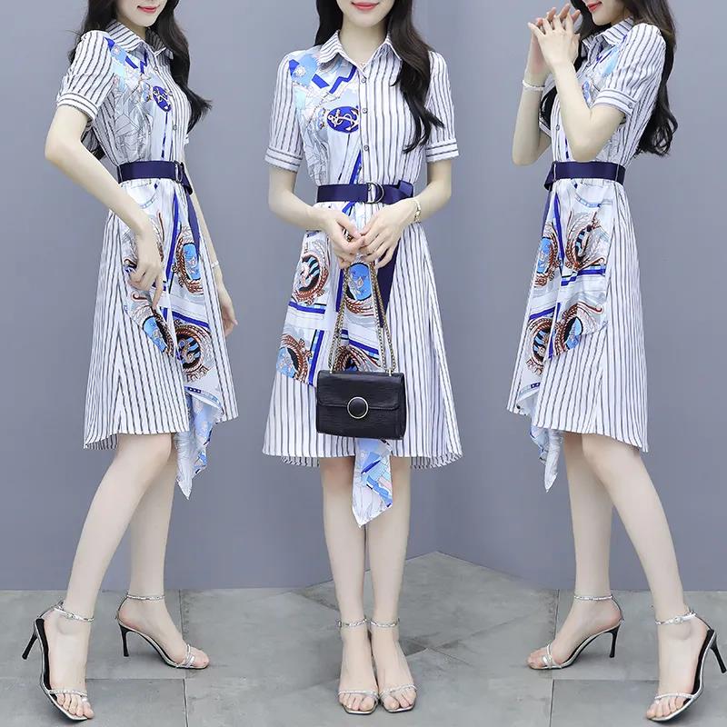 Striped Shirt Chiffon Female Dress A-line Printed Skirt with Waist and Thin Temperament