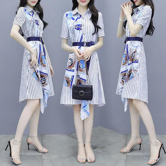 Striped Shirt Chiffon Female Dress A-line Printed Skirt with Waist and Thin Temperament