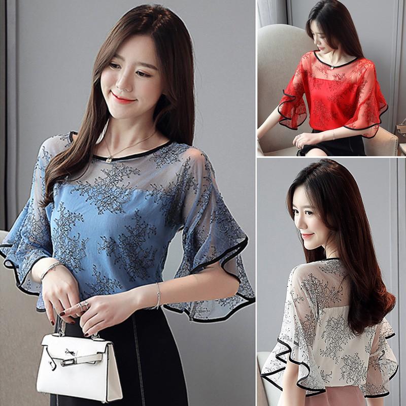 Summer Lace Stitching Women Shirt Embroidery Tops Casual Crochet Hollow Out Blouse