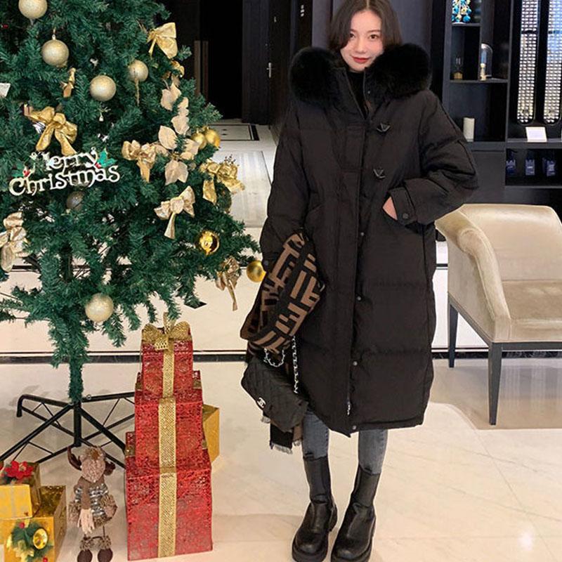 Women's Mid-length Down Cotton Jacket Big Hat Fur Follar Horn Buckle  Zipper Warm Winter Coat Solid Color