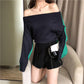 Ladies Sexy Off-shoulder Sweater One-shoulder Split Cross Color Matching  Knitted Sweater Thick Pullover Sweater Autumn Winter