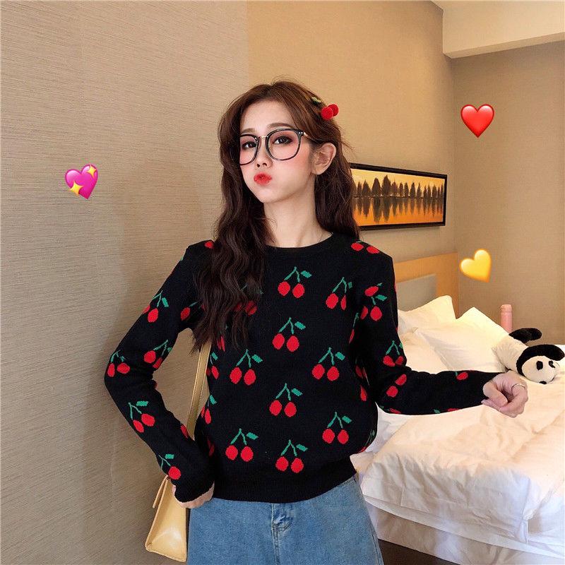 Pofulove Sweet Love Turtleneck Pullover Cherry Long Sleeve  Neck Sweater Loose Sweater Plus Size