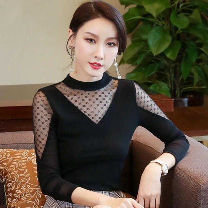 Shirt Women's Thin Spring and Summer Mesh Bottoming Shirt Long-sleeved Sexy Black Inner T-shirt