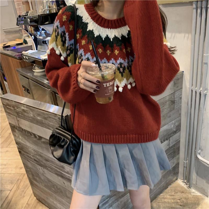 Christmas Theme Women WinterBall Tassel Knitwear Pullover Red Crew Neck Loose Jumper Top