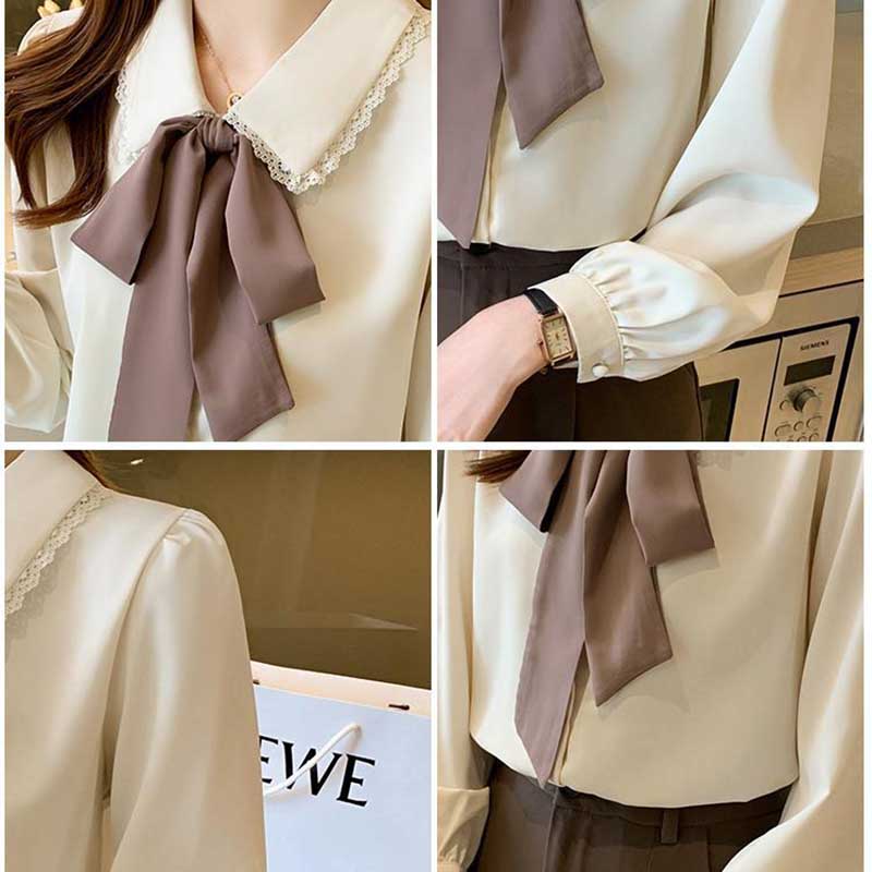 Doll Neck Ribbon Bow Solid Color Chiffon Shirt Shirt Women's Long Sleeve French Puff Sleeve Shirt Spring and Autumn