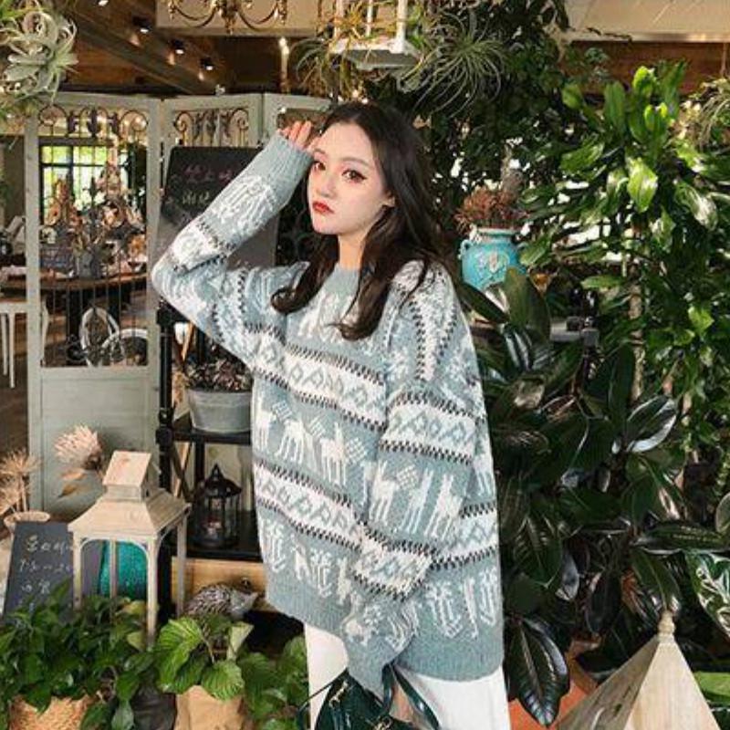 Pofulove Autumn Winter Retro Loose Vintage Long-sleeved Thick Christmas Red Sweater Women