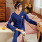 Women's Long-sleeved Pajamas Set Daisy Print V-neck Home Wear Suit Spring Sweet Casual Large Size Loose Pajamas Two-piece Set