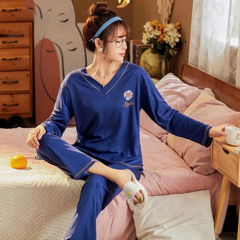 Women's Long-sleeved Pajamas Set Daisy Print V-neck Home Wear Suit Spring Sweet Casual Large Size Loose Pajamas Two-piece Set