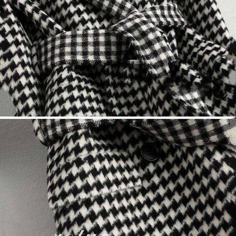Autumn and Winter Thick Woolen Coat Loose Houndstooth Woolen Coat Women's Mid-length Warm Coat Ladies Temperament Coat
