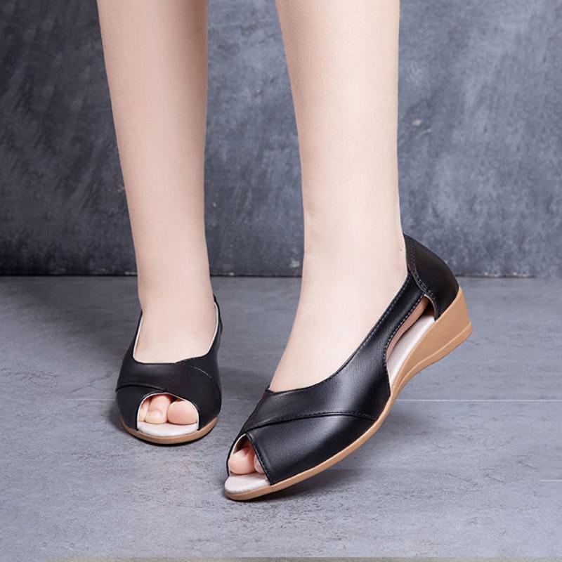 Summer Soft Leather Sandals Women's Tendon Bottom Wedge Sandals Soft Bottom Comfortable Beach Fish Mouth Shoes