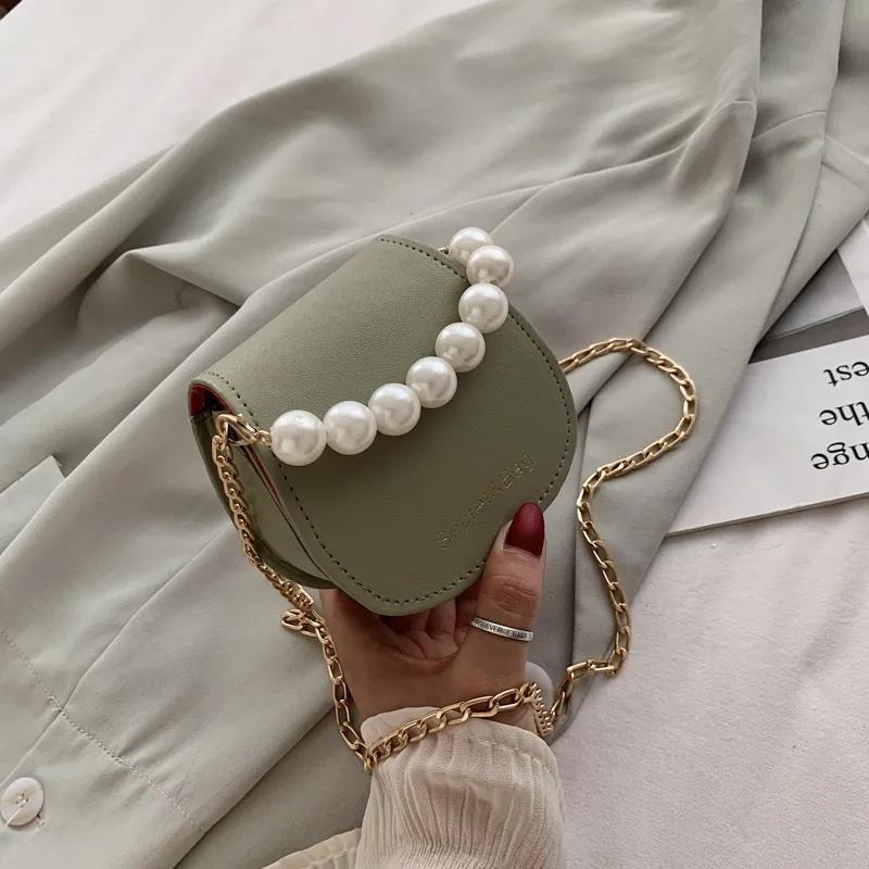 Women Mini Shoulder Messenger Bags Casual Female Crossbody Bags Portable PU Leather Big Pearl Metal Chain