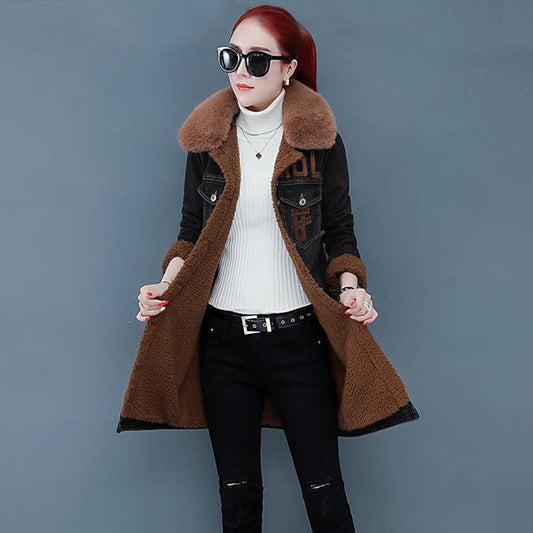 Autumn and Winter Denim Jacket Women Plus Velvet Thickening Slim Mid-length Denim Parka Coat Flocking Overcoat with Detachable Fur Collar