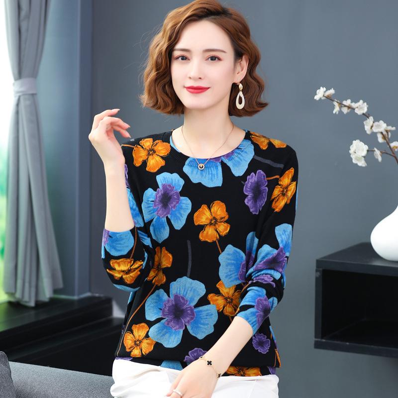 Autumn Women's Thin Printed Sweater Round Neck Pullover Long Sleeve Bottoming Shirt Plus Size Sweater