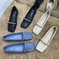 British Style Retro Shallow Mouth Low-heeled Shoes Women's Square Toe Metal Chain Thick Heel Leather Shoes Loafers Work Shoes