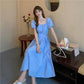 Women's Summer Mid-length Skirt Solid Color Square Neck Puff Sleeve Dress