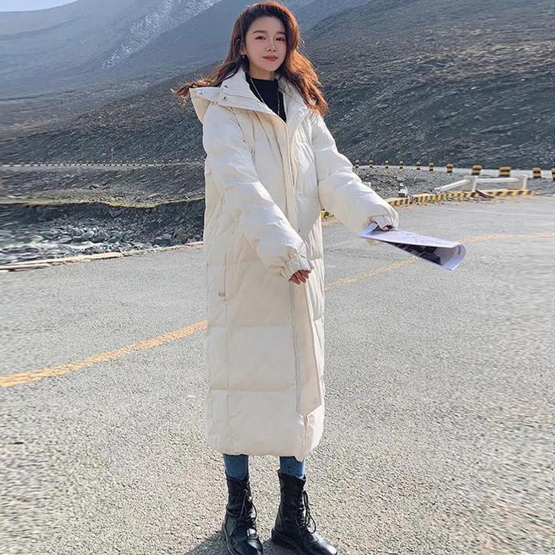 Down Jacket Women's Winter Mid-length Korean Thick Solid Color Hooded Over-the-knee Long Padded Jacket Cotton Jacket