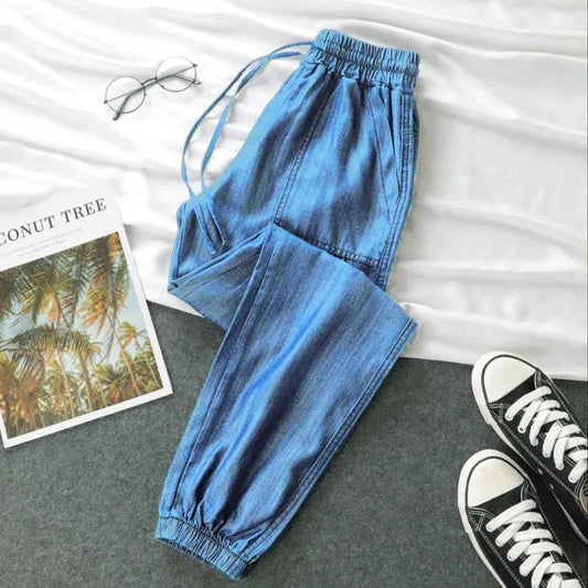 Women's Summer Thin Tencel Jeans Loose Drawstring Leggings Elastic High Waist Harem Pants Sports Casual Pants Trousers Cropped pants