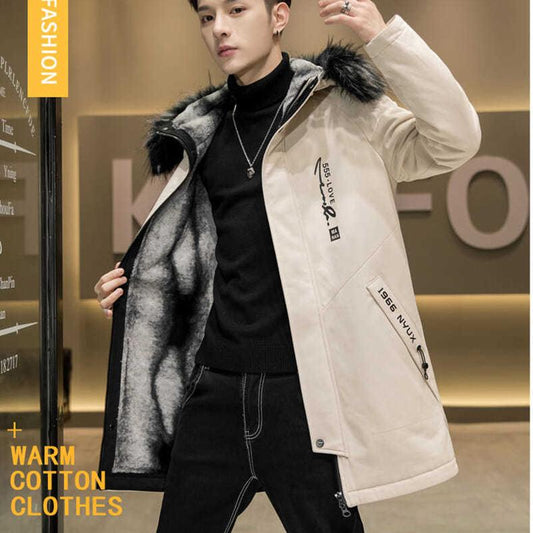 Winter Fashion Trend Cold-proof Cotton Coat Men's Mid-length Plus Velvet Padded Parker