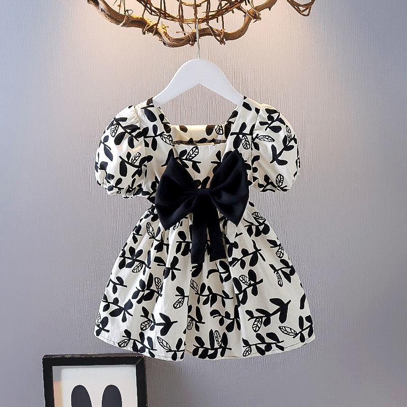 Girls Princess Dress Summer Thin Children's Bow Puff Sleeves Sweet Waist Dress Cute Two-Wear A-line Skirt