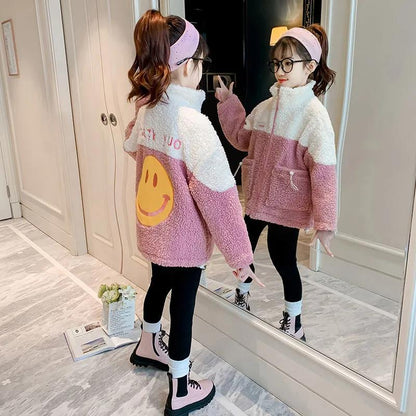 Winter Girls' Jackets Autumn and Winter Children's Cotton Clothes Plus Velvet Thick Warm Jacket Wool Sweater Coat