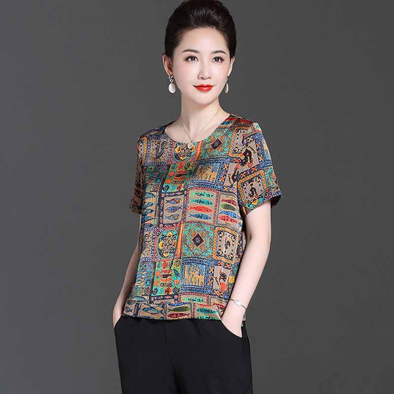 Summer New Middle-aged Mothers Wear Short-sleeved Ice Silk T-shirt Female Printing Ethnic Style Large Size Bottoming Shirt Top