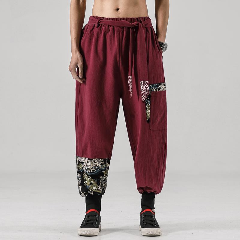 Chinese Style Linen Cotton Casual Pants Embroidery Tooling Bloomers Male Hip-hop Retro Style Tang Suit