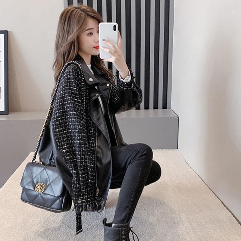 Leather Jacket Women's Tide Ins Autumn and Winter Korean Version of The Wild Loose Short Stitching Jacket Thickening Women
