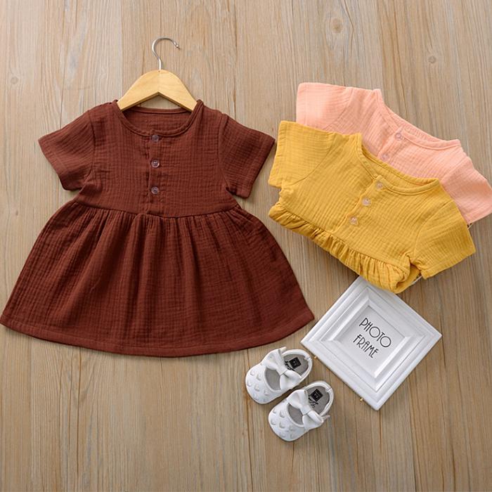Toddler Kid Baby Girl Summer Dress Ruffles Sleeves Party Children Girls Casual Button Dress Sundress Clothes Pure Color Retro A-line Skirt