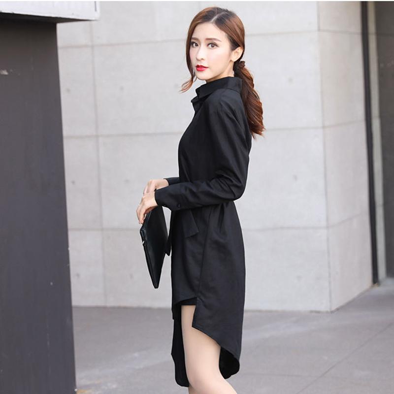 S-XXXXXL T-shirt Dress with Belt Loose Turn-down Collar Casual Long Sleeve Buttons Women Dress Irregular Split Fork