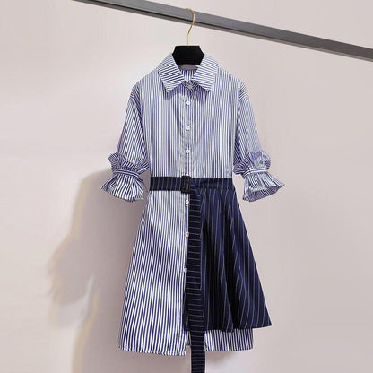 Women's Summer Dress Irregular Long-sleeved Shirt Dress Striped Shirt Dress for Work