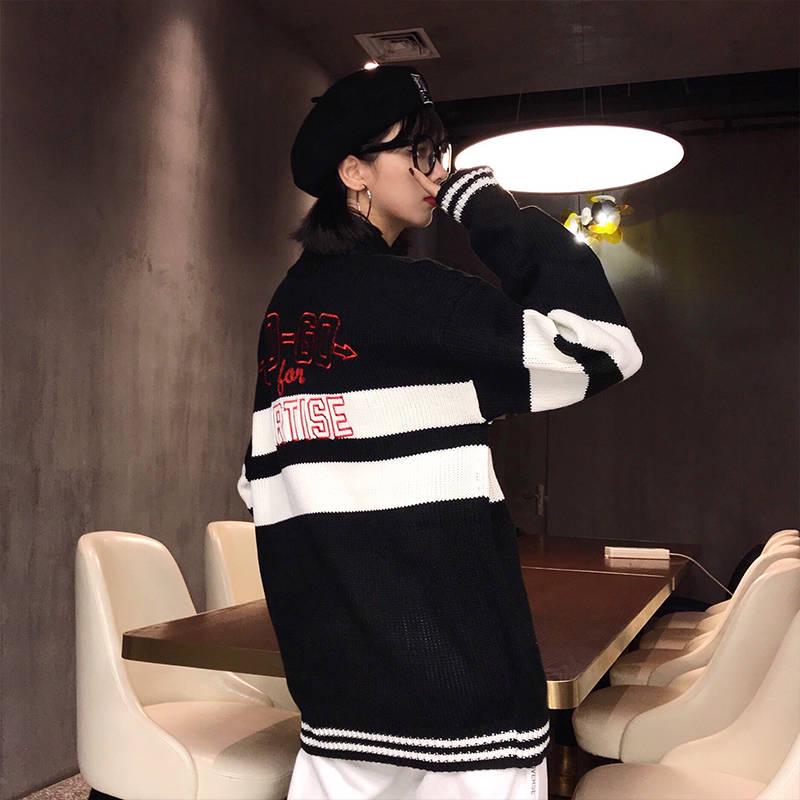 Color Matching Half Turtleneck Female Autumn and Winter Loose Embroidery Thick Knit Coat