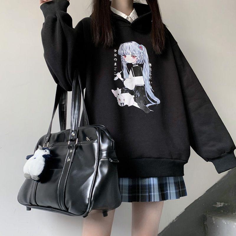 Anime Hoodies Japanese Oversized Loose Harajuku Sweatshirts Thick Fleece Fall Winter Pullovers Top Clothes Black Plus Size Fashion Streetwear Coat