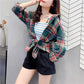 POLO Collar Contrast Color Plaid Brushed Loose Shirt Women's Spring and Autumn Retro Top
