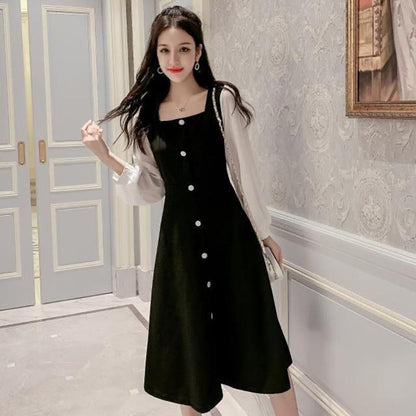 Ladies' Retro Temperament, Small Incense Wind Receiving Waist Thin Mid-length Dress Female Black and White Stitching Long Sleeve Dress